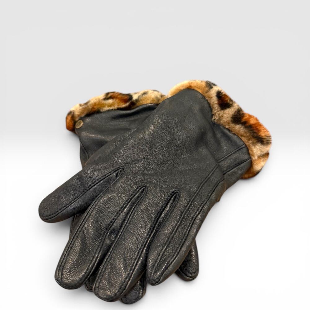 UGG Leather Faux Fur Cuff Gloves Black Leopard Print Medium EUC